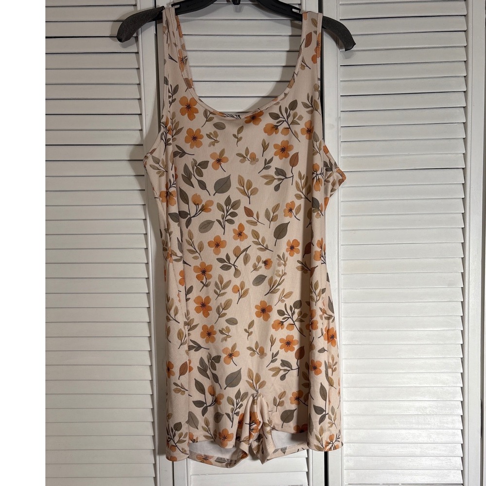 SHEIN Floral Ribbed Knit Sleeveless Romper Orange Green 3XL